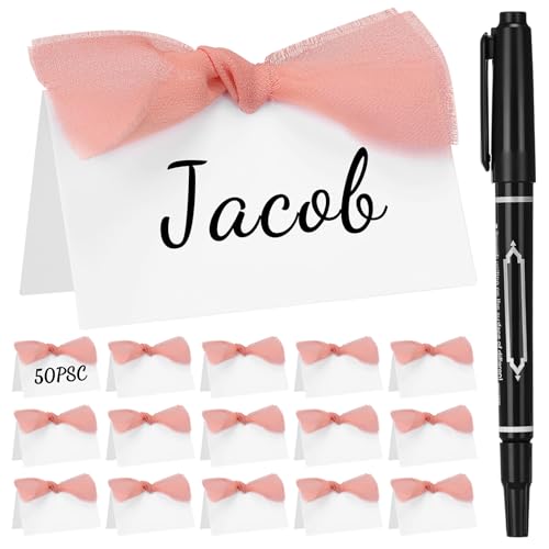 Marspark Tischkarten mit Schleife, bedruckbar, 5,1 x 8,9 cm, Zelt-Namenskarten mit Schleife, blanko, befüllbar, Buffet, Lebensmitteletiketten mit Stift, für Hochzeiten, Abendessen, Babyparty von Marspark