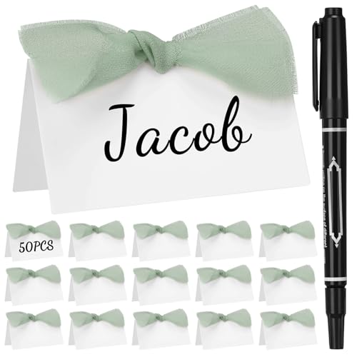 Marspark Tischkarten mit grüner Schleife, bedruckbar, 5,1 x 8,9 cm, Zelt-Namenskarten mit Schleife, blanko, befüllbar, Buffet, Lebensmitteletiketten mit Stift, für Hochzeit, Tisch, Abendessen von Marspark