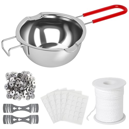 Marsred Kerzen selber machen Set,400ml Schmelztopf Kerzenwachs, 100 ft Dicker Kerzendocht, 2 Dochthalter aus Metall und Docht-Aufkleber für Kerzen gießen Set, DIY Kerzenherstellung Zubehöre von Marsred