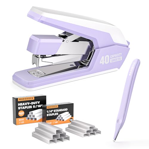 Müheloser Hefter,Für 40 Blatt,1-Finger-Press-Heftung,Ergonomisches Design,2000 Heftklammern und magnetischem Klammerentferner Violett von Marsrock