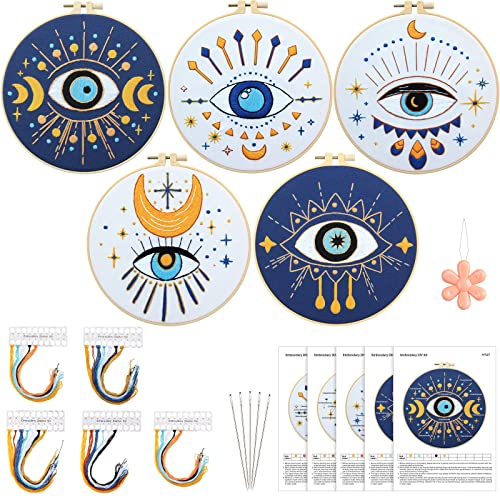 5-teiliges Evil Eye Stickerei-Starter-Set für Erwachsene, gestempelte Kreuz-Sets für Anfänger, 5 Sticktücher mit Mustern, Reifen, Nadeln, Fäden, manuelles Stickset von Marsui
