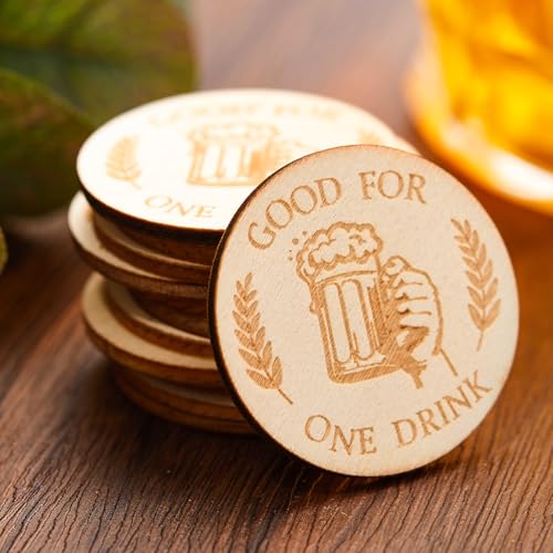 Marsui 50 Stück Getränke Wertmarken Hochzeit Good for One Drink Wertmarken Chips Drink Token Holzmarken Runde Holzmünzen für Events Rustikale Getränkemarken aus Holz (Bierbecher Muster) von Marsui