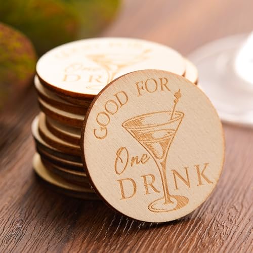 Marsui 50 Stück Getränke Wertmarken Hochzeit Good for One Drink Wertmarken Chips Drink Token Holzmarken Runde Holzmünzen für Events Rustikale Getränkemarken aus Holz (Cocktailbecher Muster) von Marsui