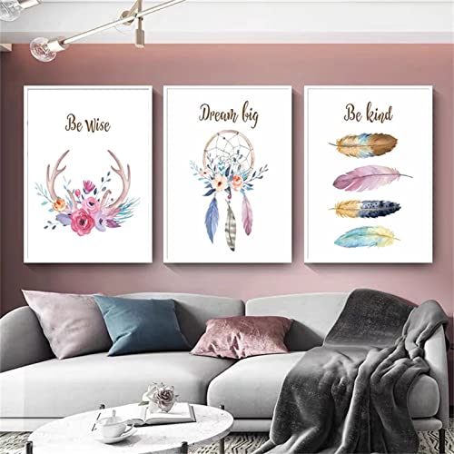 3er Set Poster Kinderzimmer A4 Traumfänger, Feder Bilder Deko Babyzimmer Mädchen Jungen Wandbilder Für Kinder, ohne Rahmen (40x50cm) von Martin Kench