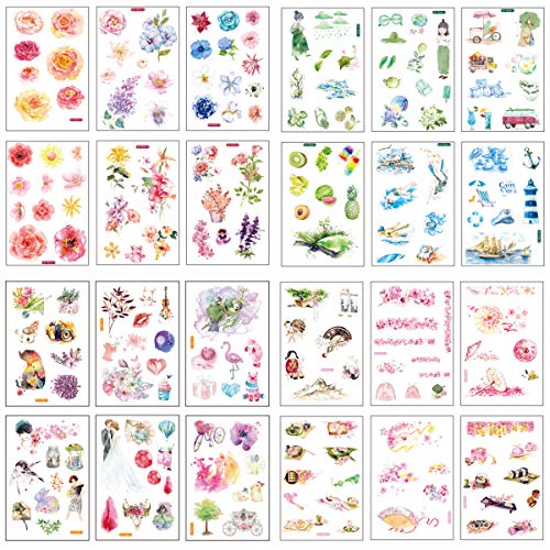 Martin Kench Sticker Aufkleber, 24 Blatt Pink Grün Stil Blumen Stickers Dekoration für Scrapbooking Tagebuch Fotoalbum Notizbuch Kalender von Martin Kench
