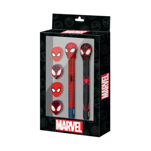 Marvel Spiderman Peter-Set mit Radierbarer Gelstift + Ewiger Bleistift + 4 Radiergummis, Schwarz, 14 x 23 cm von Marvel