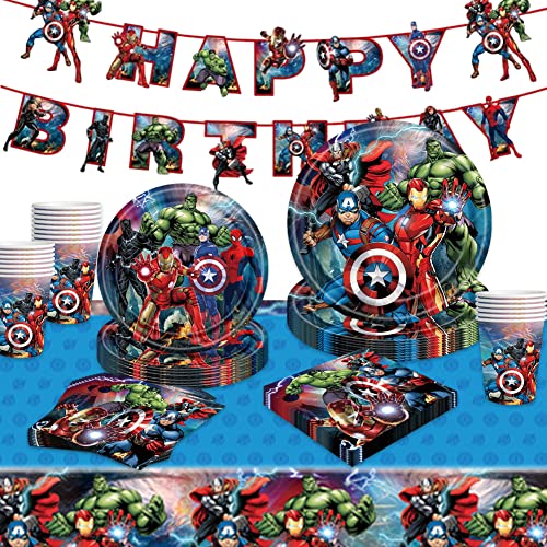 Avengers Geburtstag Deko Partygeschirr Set Geburtstag Superhelden Pappteller Kindergeburtstag Junge Geschirrset mit Teller Becher Servietten Tischdecke Kindergeburtstag Deko für 10 Kinder, 52PCS von Maryparty