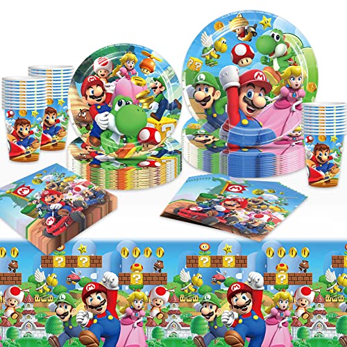 Mario Party Set-81pcs Partygeschirr Set für 20 Person, Mario Theme Party Deko Geburtstag Geschirr Kit-Teller Becher Servietten Tischdecke für Geburtstagsdeko (Geschirr Set-2) von Maryparty
