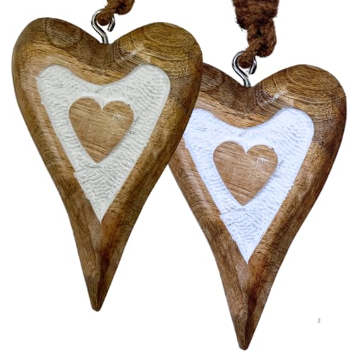 2X Herz Anhänger aus Holz, Herzen je 15 x 10 cm, Massiv Holzherzen zum Hängen mit Schnitzerei auf der Vorderseite von Marzoon