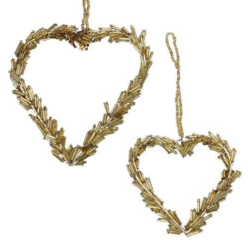 2er Set Perlen Dekoanhänger Herzen in Zwei Größen, 11x11cm und 15x15cm Herz zum Hängen aus Stabperlen in Gold von Marzoon