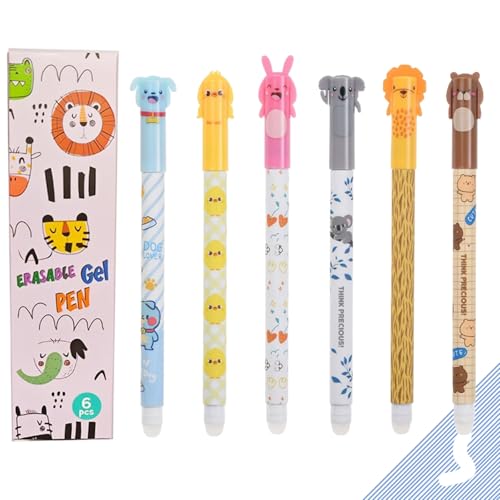 Masinca Radierbarer Kugelschreiber - 6 Stück Gelstifte Radierbar, 0.5mm Blau Tinte Radierbare Stifte Mit Tierkopf, Tintenkiller Stift Erasable Pen für Studenten Geschenk, Schul Bürobedarf (Blau) von Masinca
