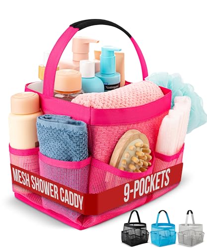 Masirs Dusch-Caddy, Netzstoff, 9 Taschen, tragbarer Badezimmer-Organizer für Reisen, Fitnessstudio und Wohnheim, zusammenklappbar, klein, für Toilettenartikel und wichtige Dinge (Rosa) von Masirs