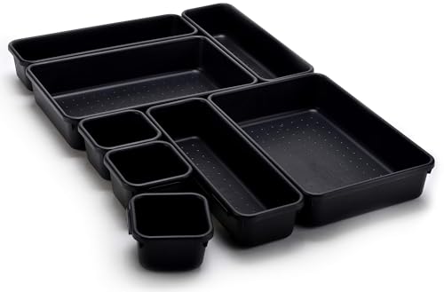 Schubladen-Organizer mit ineinandergreifenden Fächern, robuster Kunststoff, verschiedene Größen für individuelles Layout-Design, Werkzeugkasten oder Garagenorganisation, Schwarz | 8-teiliges Set Schubladen-Organizer mit ineinandergreifenden Fächern, robuster Kunststoff, verschiedene Größen für individuelles Layout-Design, Werkzeugkasten oder Garagenorganisation, Schwarz | 8-teiliges Set von Masirs