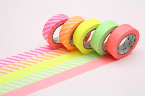 MT Masking Tape 5 Rollen Deko-Klebeband, Washi-Papier, 1,5 cm x 7 m, Neon 2 von MT Masking Tape