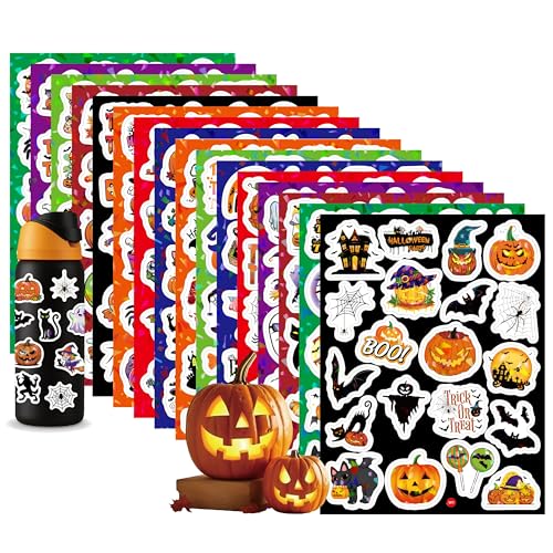 Masper 16 Blatt/320 Glitzer Halloween Sticker, Nicht Wiederholende Holografisch Vinyl Wasserfest Halloween Aufkleber Kürbis Aufkleber für Dekoration, Karten und Basteln von Masper