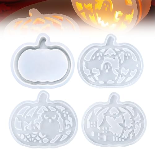 Silikonformen Gießformen, 4PCS Gießformen Silikon Halloween Kürbis Herbst, Silikonform Kürbis mit Helloween Elemente Muster, Silikonform Herbst, Gipsformen zum Gießen für DIY Kürbis Deko (1 Set) von Matame