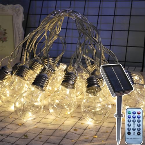 Mateju LED Lichterkette Außen Solar, Solar Lichterkette Aussen mit Fernbedienung 8 Modi Outdoor Solarlichterkette für Innen, Garten, Terrasse, Balkon, Hochzeit, Glühbirne (Warmweiß,5m/10 Lichter) von Mateju