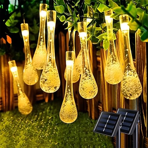 Mateju LED Lichterkette Außen Solar, Solar Lichterkette Aussen mit Fernbedienung 8 Modi Outdoor Solarlichterkette für Innen, Garten, Terrasse, Balkon, Hochzeit, Wassertropfen (Warm,3M/10LED) von Mateju