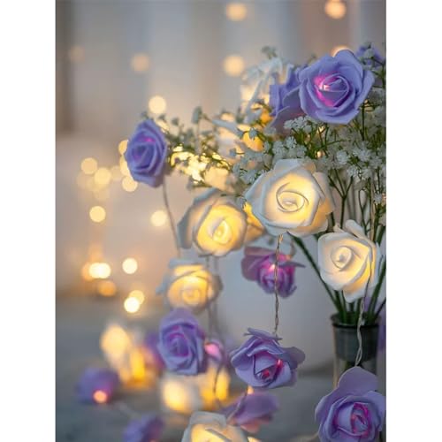 Mateju LED Lichterkette Außen Solar, Solar Lichterkette Aussen mit Fernbedienung 8 Modi Outdoor Solarlichterkette für Innen, Garten, Terrasse, Balkon, Hochzeit, Weiße Rose (Lila Weiß,12M/100LED) von Mateju