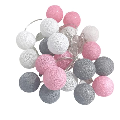 Mateju Lichterkette Innen Batterie, Kugel Lichterkette mit Fernbedienung 8 Modi Cotton Ball Lights Batteriebetrieben Baumwollkugeln Lichterkette für Zimmer, Innen Deko (MT-Rosa-Grau,5M/50LED) von Mateju