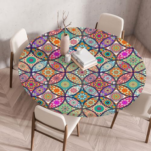 Mateju Outdoor Runde Fitted Tischdecke, Wasserdicht Lotuseffekt Gartentischdecke Abwaschbar Wischbare Gummiband Tischdecke Elastisch Rund Tischdecken (Lila Boho,80cm) von Mateju