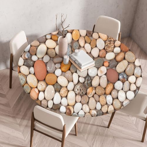 Mateju Runde Fitted Tischdecke, 3D-Kieselsteine Outdoor Wasserdicht Lotuseffekt Gartentischdecke, Abwaschbar Wischbare Gummiband Tischdecke Elastisch Rund Tischdecken (Braun,70cm) von Mateju