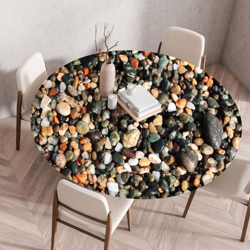 Mateju Runde Fitted Tischdecke, 3D-Kieselsteine Outdoor Wasserdicht Lotuseffekt Gartentischdecke, Abwaschbar Wischbare Gummiband Tischdecke Elastisch Rund Tischdecken (Dunkelgrau,80cm) von Mateju
