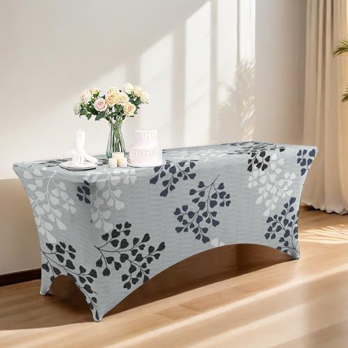 Mateju Tischhusse 4/5/6/8 Fuß Elasthan Tischdecke Rechteckige Tisch Hussen Polyester spanntischdecke für Hochzeit Party Küche Dekoration Feiern, Blattdruck (Grau,183x76x76cm) von Mateju
