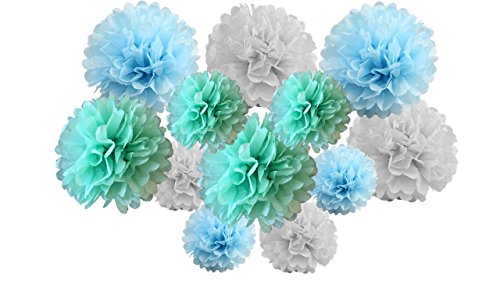 Pompons aus Seidenpapier, 12 Stück, Deko-Girlande, Light Blue Shade, mix 8" & 10" (20 cm & 25 cm) von Matissa