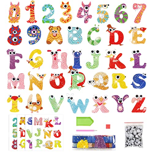 Matogle 36 Stück 5D Diamond Painting Sticker für Kinder, Diamant Painting Bilder für Alphabet Lernen Mosaik Bastelset Kinder Klebebilder Buchstaben Selbstklebend Diamant Malerei für Anfänger von Matogle