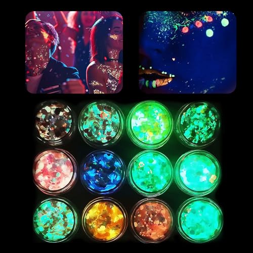 12 Farbe Glitzer Gesicht Glitter Festival ZubehöR FüR NäGel Leuchtender Schillernder Glitzer Epoxidharz Glitzer Zubehör Haar Glitzer Festival Gesichtsglitzer Halloween Schminke Karneval Körperglitzer von Matsizen