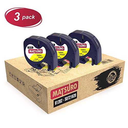 Matsuro Original | Kompatibel Kunststoff-Etiketten Schriftband Ersatz für DYMO LetraTag 91202 91222 S0721670 S0721620 Schwarz auf Gelb (12 mm x 4 m | 3-er PACK) von Matsuro