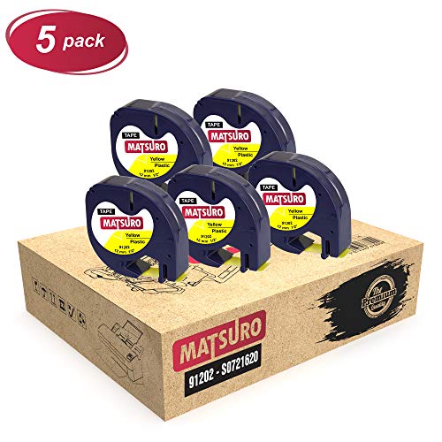 Matsuro Original | Kompatibel Kunststoff-Etiketten Schriftband Ersatz für DYMO LetraTag 91202 91222 S0721670 S0721620 Schwarz auf Gelb (12 mm x 4 m | 5-er PACK) von Matsuro
