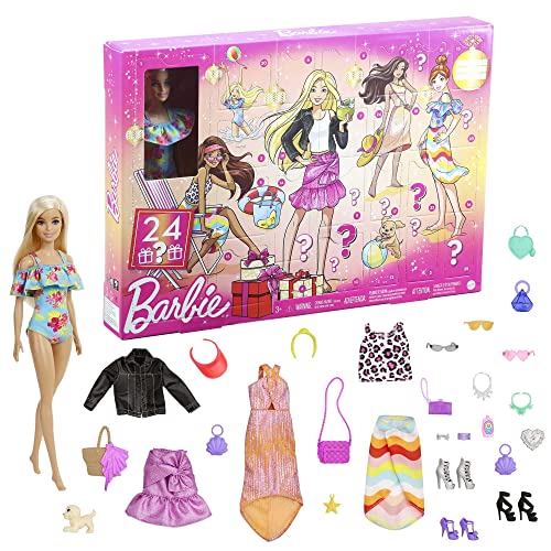 BARBIE Adventskalender mit einer Barbie Puppe (30,4cm), 24 Überraschungen, mit trendiger Kleidung und Accessoires für Tag und Nacht, im Weihnachtsstil für Kinder von 3 bis 7 Jahre, GXD64 von Mattel