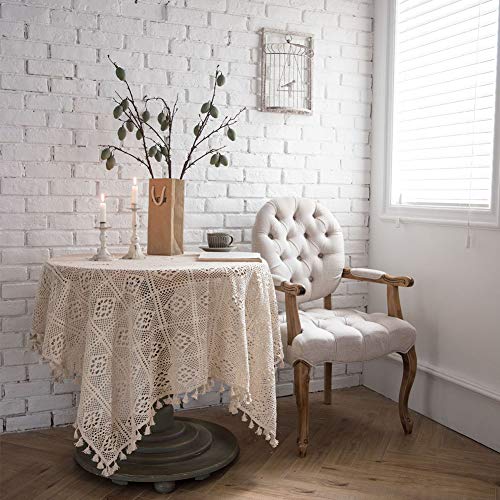 Matty-LZ Tischdecke Abwaschbar Spitze Vintage, Geeignet für Rechteckig und Rund, Elegant Spitzentischdecke mit Quaste (180 x 180 cm, Cremefarben) von Matty-Hause