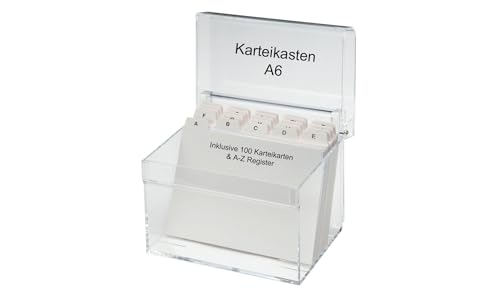 MAUL Karteikasten aus Acryl | Karteikasten A6 inkl. 100 Karteikarten und A-Z Register | Elegante Karteikartenbox zum Vokabeln lernen und aufbewahren von Adressen oder Rezepten | Transparent von Maul