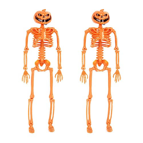 2 Stück Kürbiskopf Halloween Skelette, Ganzkörper Halloween Skelett mit beweglichen Gelenken für Spukhaus Requisiten Friedhof Dekorationen von Mauqfra