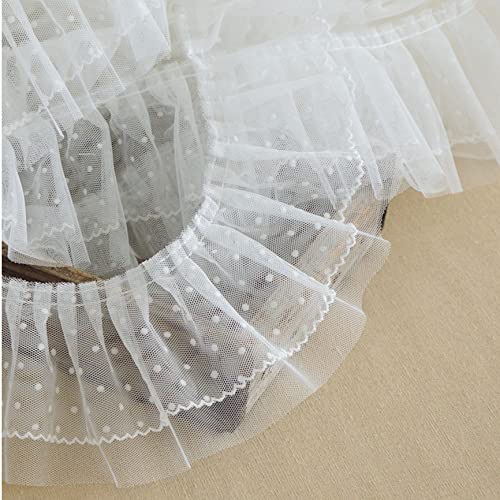 5Yard Spitzenband, 2-lagig plissiert Organza Spitzenborte 10 cm breit unelastisch Spitze für Hochzeitsapplikationen, Kleidung, Nähen, Basteln, DIY-Dekor (weiß, gepunktet) von Mausouca