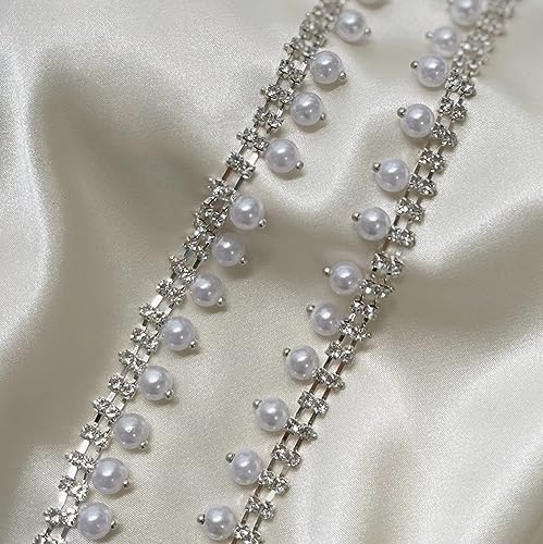 Mausouca 1yard glänzende Strassbesatz-Kettenapplikation, eingelegte Perlenperlen Kristall enge Kette zum Nähen, Handwerk, Nähen, Hochzeit, Brautparty, Kleidung, DIY-Dekoration, Zubehör von Mausouca