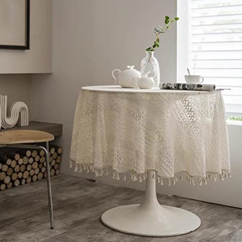 Mausouca Beige runde Spitzentischdecke, Vintage QuasteTischdecke für Küche Abendessen Hochzeit Party Bankett Dekoration, 150 cm von Mausouca