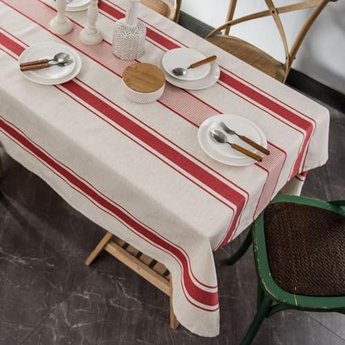 Vintage französische rot gestreifte Baumwoll-Leinen-Tischdecke, waschbar, wiederverwendbar, für Küche, Esszimmer, Bauernhaus, Tischdekoration (142 x 180 cm) von Mausouca