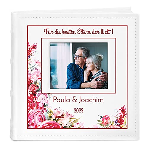 Maverton Einsteckalbum + mit Aufdruck - für 200 Fotos 10x15-100 weiße Seiten - Größe 21x22cm - Weiß - Geschenk für Paare - Hochzeitsgeschenk - Hochzeitstaggeschenke - Blumen von Maverton