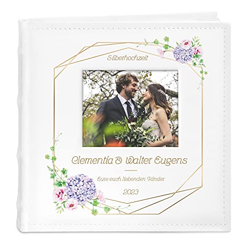 Maverton Einsteckalbum + mit Aufdruck - für 200 Fotos 10x15-100 weiße Seiten - Größe 21x22cm - Weiß - Geschenk für Paare - Hochzeitsgeschenk - Hochzeitstaggeschenke - Hortensie von Maverton