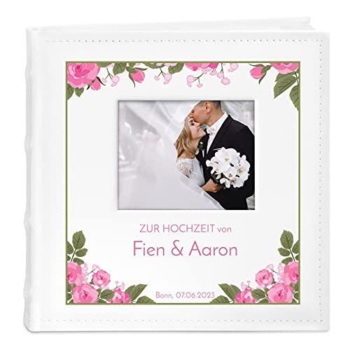 Maverton Einsteckalbum + mit Aufdruck - für 200 Fotos 10x15-100 weiße Seiten - Größe 21x22cm - Weiß - Geschenk für Paare - Hochzeitsgeschenk - Hochzeitstaggeschenke - Rosen von Maverton