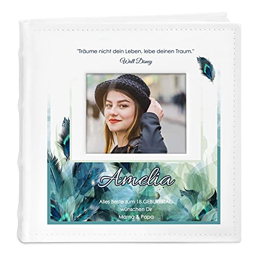 Maverton Einsteckalbum + mit Aufdruck - für 200 Fotos 10x15-100 weiße Seiten - Größe 21x22cm - Weiß - Geschenk für Teenager Jugendliche zum Geburtstag - Pfauenfeder von Maverton