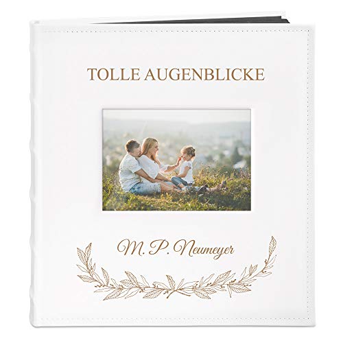 Maverton Fotoalbum zum Selbstgestalten mit Bildausschnitt + mit Gravur - für 240 Fotos im Format 10x15-60 schwarze Seiten Größe 33x30cm - Weiß - Geschenk zur Hochzeit zum Hochzeitstag - Augenblicke von Maverton