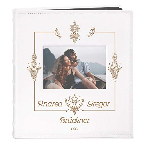 Maverton Fotoalbum zum Selbstgestalten mit Bildausschnitt + mit Gravur - für 240 Fotos im Format 10x15-60 schwarze Seiten - Größe 33x30cm - Weiß - Geschenk zur Hochzeit zum Hochzeitstag - Blumen von Maverton