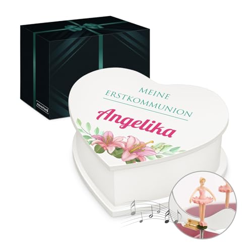 Maverton Herz Schmuckkästchen mit Aufdruck - Schmuckschatulle mit Spieluhr Ballerina - Musikschmuckdose in Herzform für Mädchen - Jewelkeeper zur Taufe - zur Erstkommunion - zum Geburtstag - Lilien Maverton Herz Schmuckkästchen mit Aufdruck - Schmuckschatulle mit Spieluhr Ballerina - Musikschmuckdose in Herzform für Mädchen - Jewelkeeper zur Taufe - zur Erstkommunion - zum Geburtstag - Lilien von Maverton