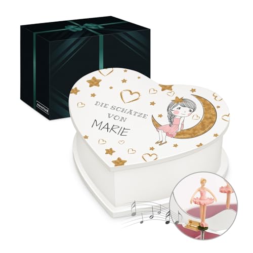 Maverton Herz Schmuckkästchen mit Aufdruck - Schmuckschatulle mit Spieluhr Ballerina - Musikschmuckdose in Herzform für Mädchen - Jewelkeeper zur Taufe - zur Erstkommunion - zum Geburtstag - Mond von Maverton