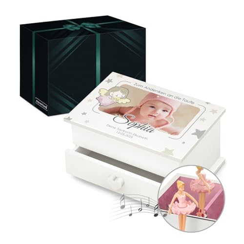 Maverton Jewelkeeper mit Aufdruck - Schmuckschatulle mit Spieluhr Ballerina - Musikschmuckdose für Mädchen - Schmuckkästchen zur Taufe - zur Erstkommunion - zum Geburtstag - mit Schublade - Sterne von Maverton